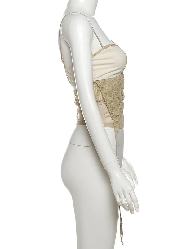 Camila Mocha Lace Spaghetti Strap Sheer Wrap Crop Top