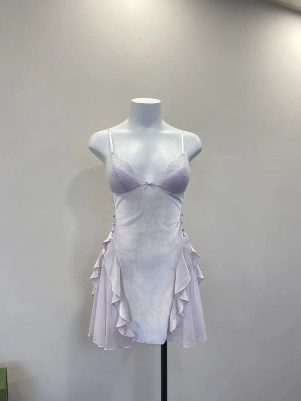 Noelle Lace-Trim Velvet Ruffle Backless Mini Nightgown