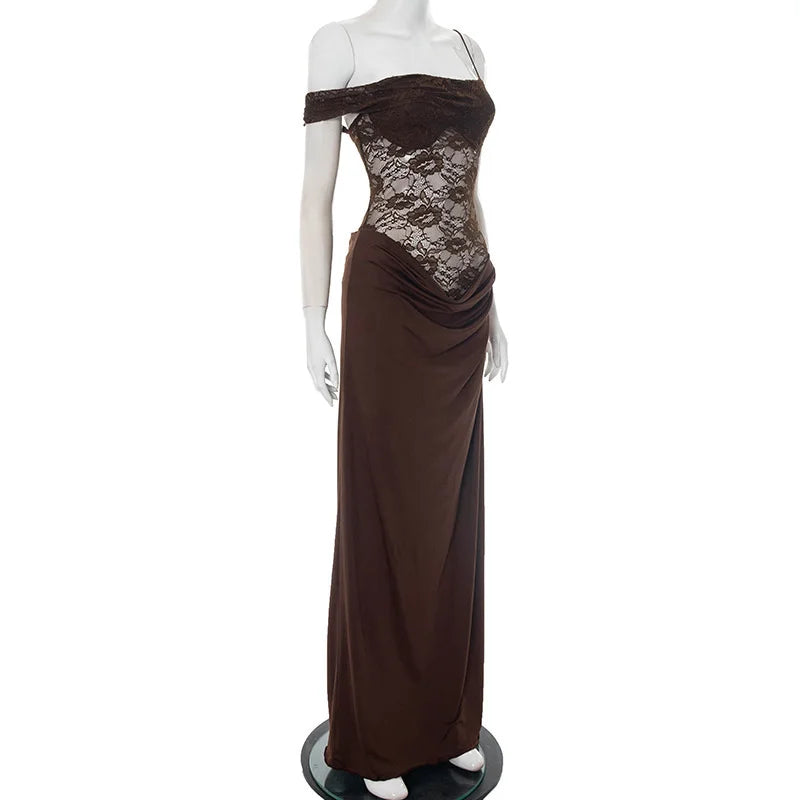 Valentina Cocoa Lace Draped Maxi Dress