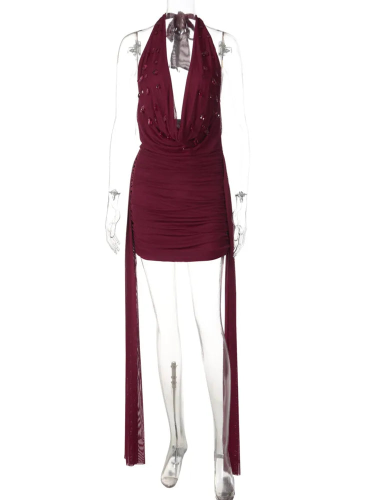 Camille Crystal-Drop Halter Backless Mini Dress