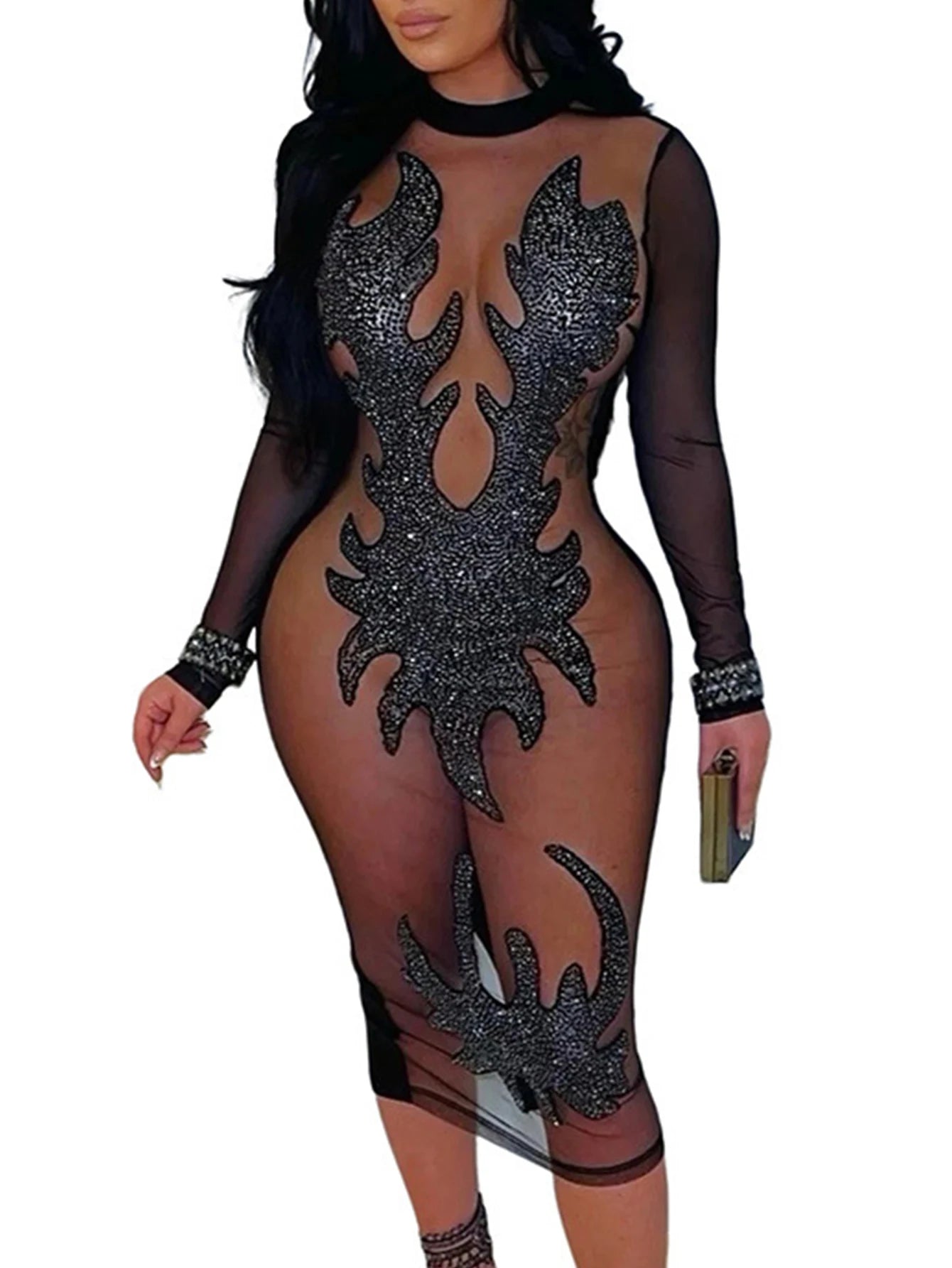 Leonie Sheer-Mesh Sequin Bodycon Midi Dress