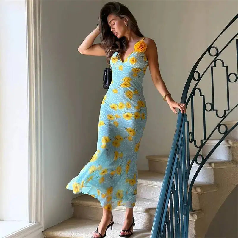 Etta Floral V-Neck Backless Maxi Dress