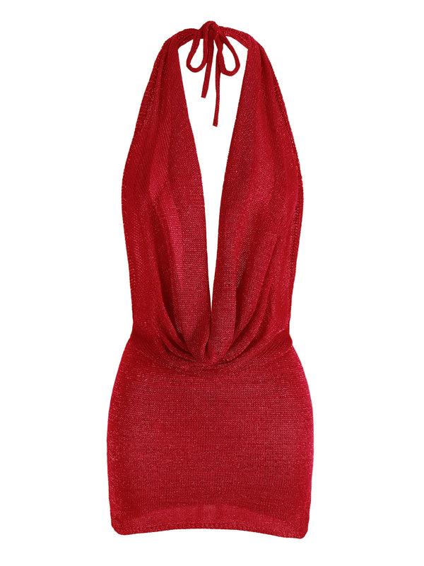 Agnieszka Draped Cowl Halter Backless Knit Mini Dress