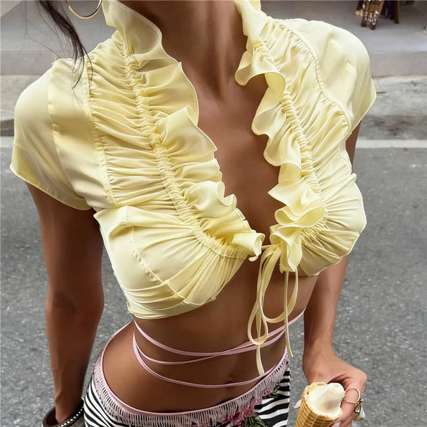 hirigin Sexy Ruffle Trim Satin Crop Top for Women Solid Tie Front Deep V Neck Short Sleeve Blouse Summer Casual Top Streetwear