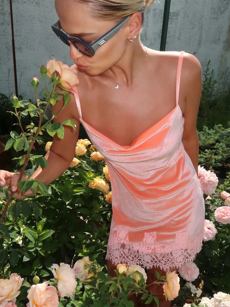 HUHUGIRL Mini Dresses Camisole Vacation Party Fashion Trendy Sleeveless Lace Patchwork Velvet Style For Women Summer Sexy Club