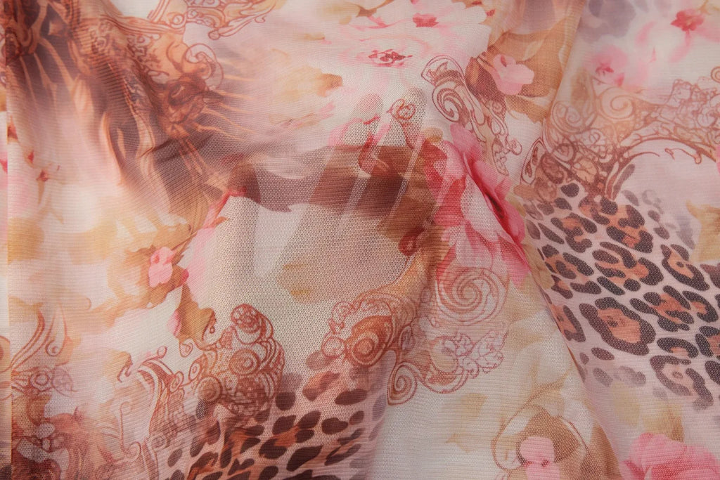 Liora Leopard Floral-Mesh Long-Sleeve Mini Dress