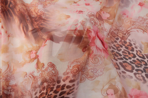 Liora Leopard Floral-Mesh Long-Sleeve Mini Dress