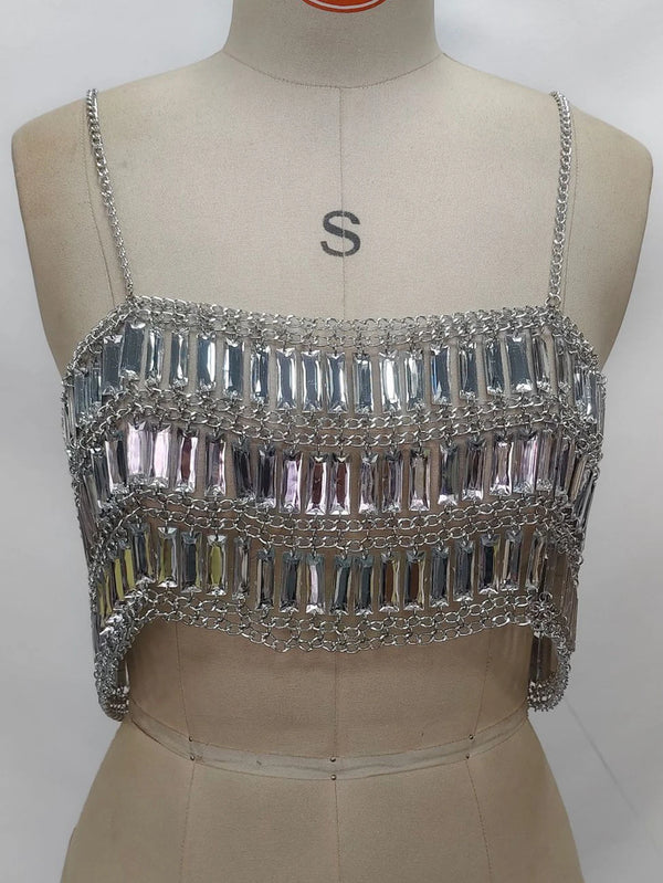 Sexy see through metal sequin crop top women summer beach halter tank top streetwear hotwife club party tops for woman clothing