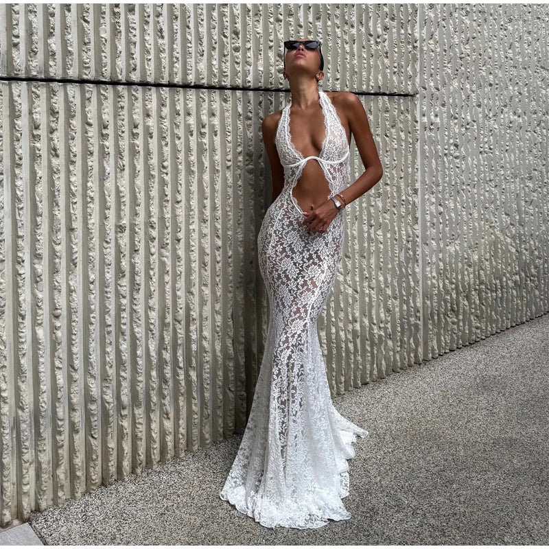 Thessaly Lace Halter Cutout Backless Mermaid Maxi Dress