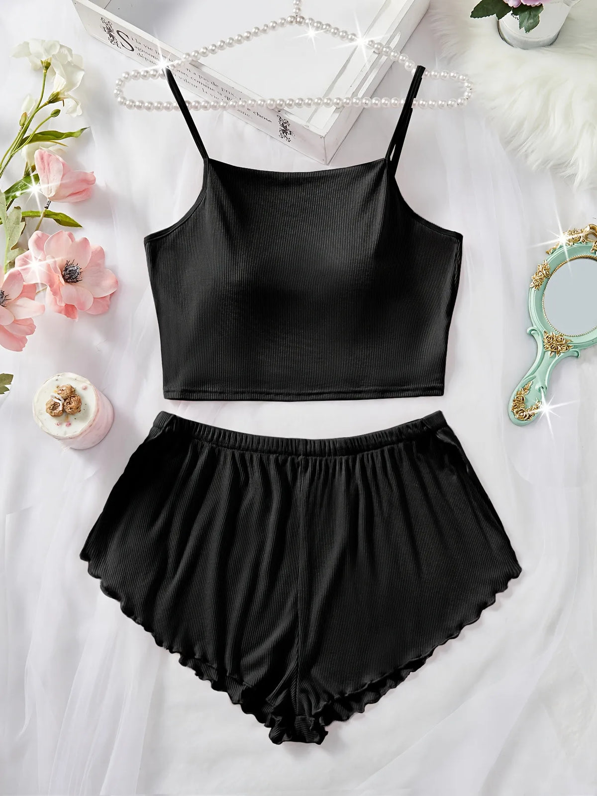 Pernilla Ribbed Cami & Ruffle-Trim Shorts Pajama Set Two-piece