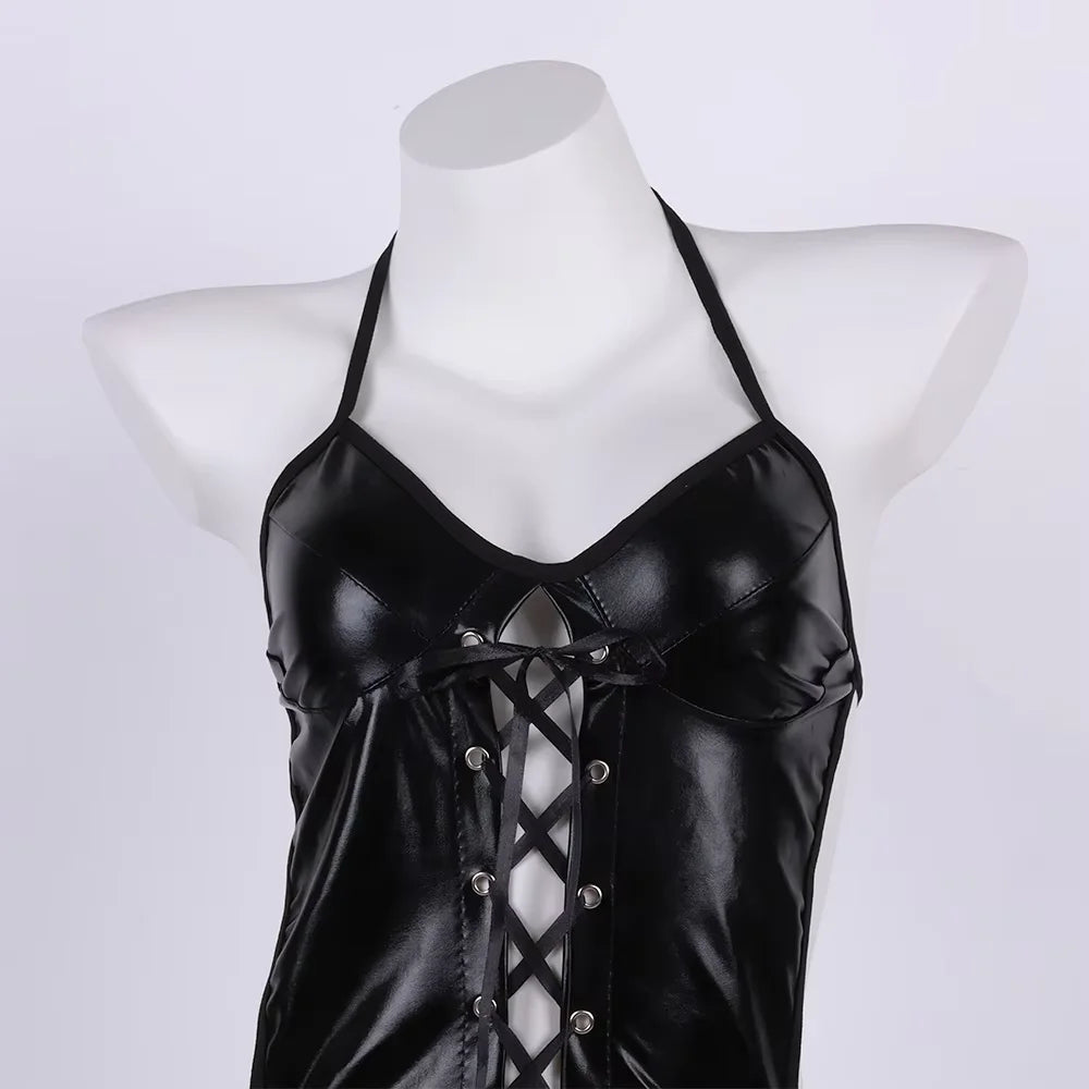 Ximena Faux-Leather Lace-Up Plunge Lingerie Teddy Bodysuit with Gloves One-piece
