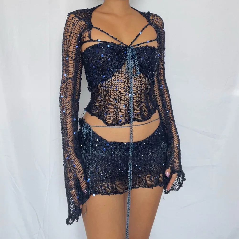 Marisela Sequin Crochet Knit Tie-Front Crop Top & Mini Skirt Two-piece
