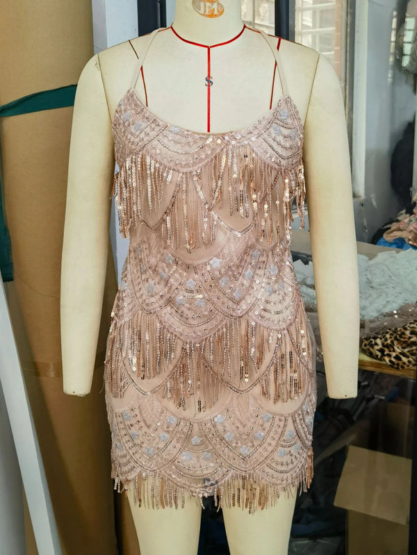 Galatea Tassel-Sequin Backless Cocktail Mini Dress