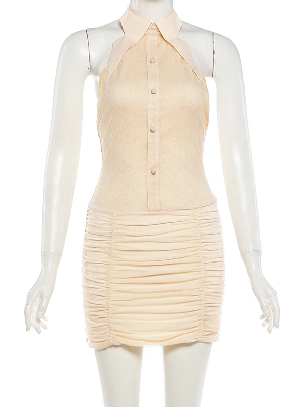 Paloma Jacquard Button Halter Mini Dress