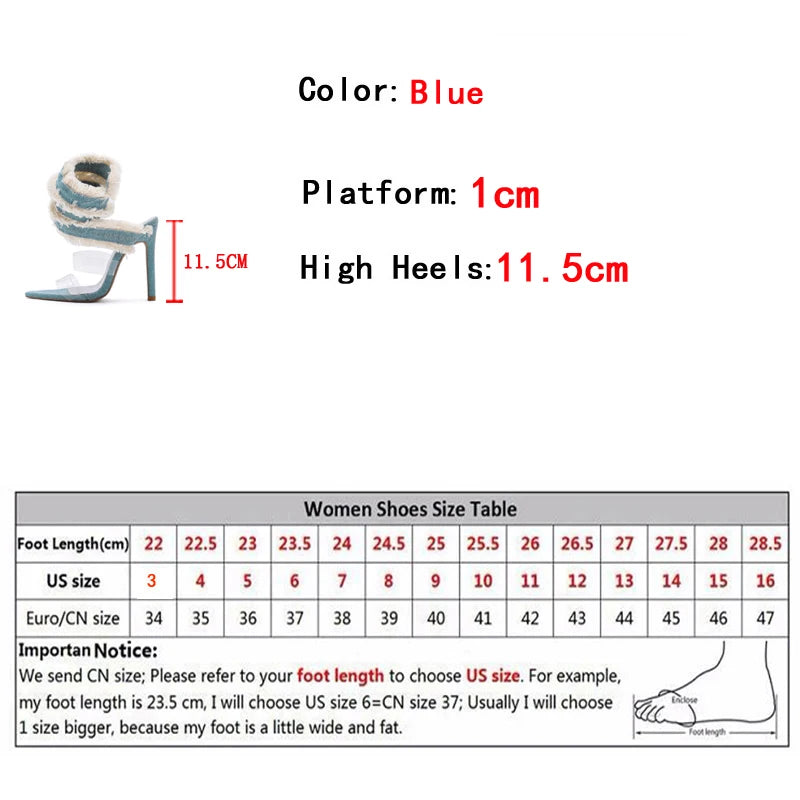 Liyke 2025 New Design Denim Ankle Snake Surround Strap Sandal Women Transparent PVC Summer High Heels Party Stripper Shoes Pumps