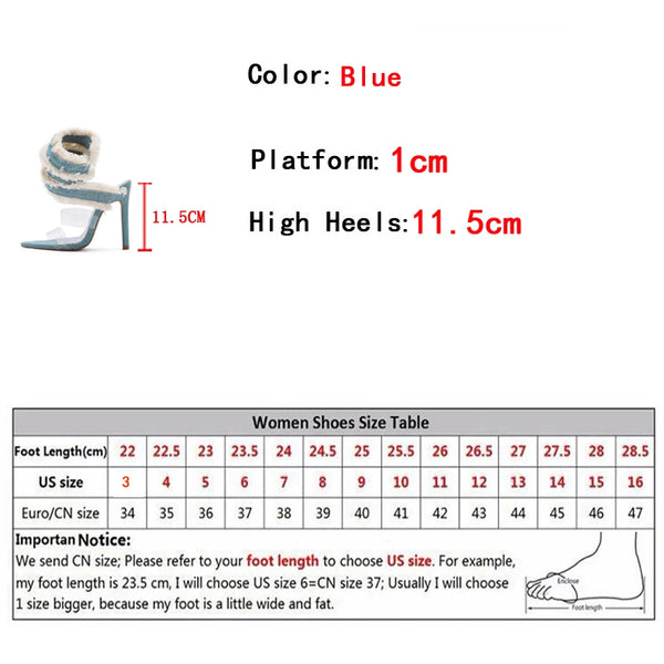 Liyke 2025 New Design Denim Ankle Snake Surround Strap Sandal Women Transparent PVC Summer High Heels Party Stripper Shoes Pumps