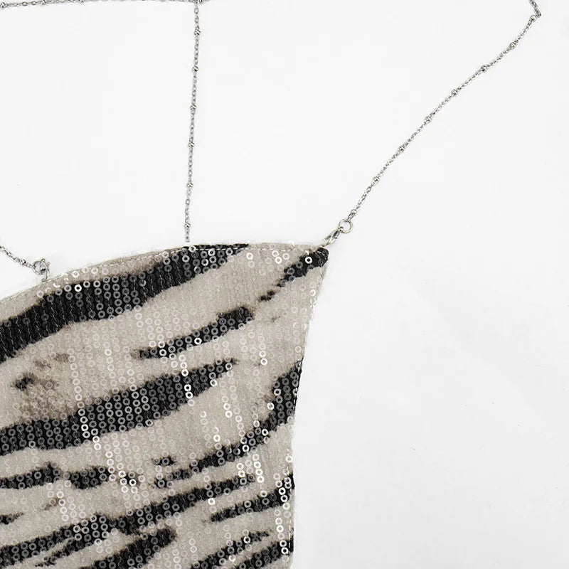 Zahara Zebra-Sequin Backless Mini Skirt Set Two-piece