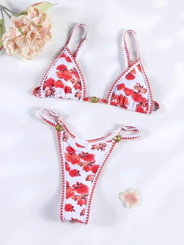 Marisa Red Floral String Bikini & Mesh Cover-Up Dress Collection