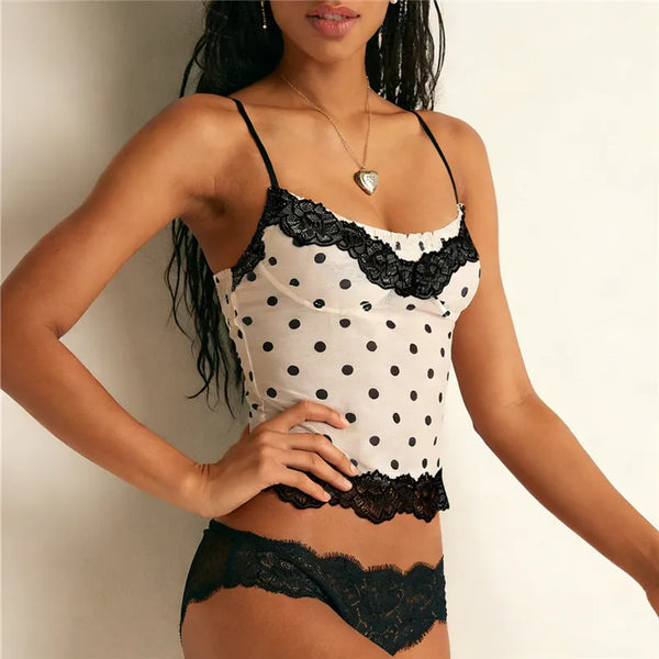 Wren Polka Dot Lace-Trim Mesh Cami Top