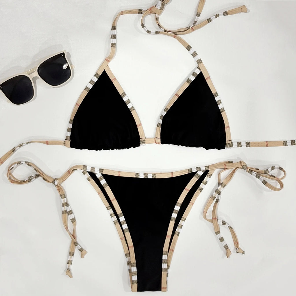 Luxury Stripe Halter Bikini Set for Women, Two-Piece Sexy Swimsuit Bathing Suit, Fashion Beach Swimwear