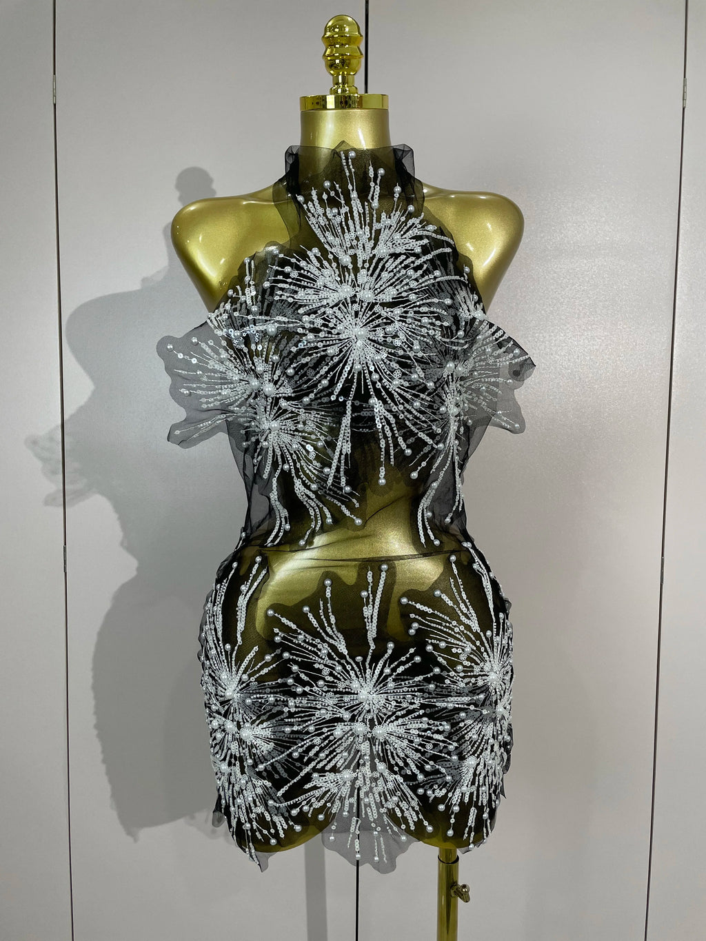 Zahara Pearl Appliqué Sheer Mesh Mini Dress