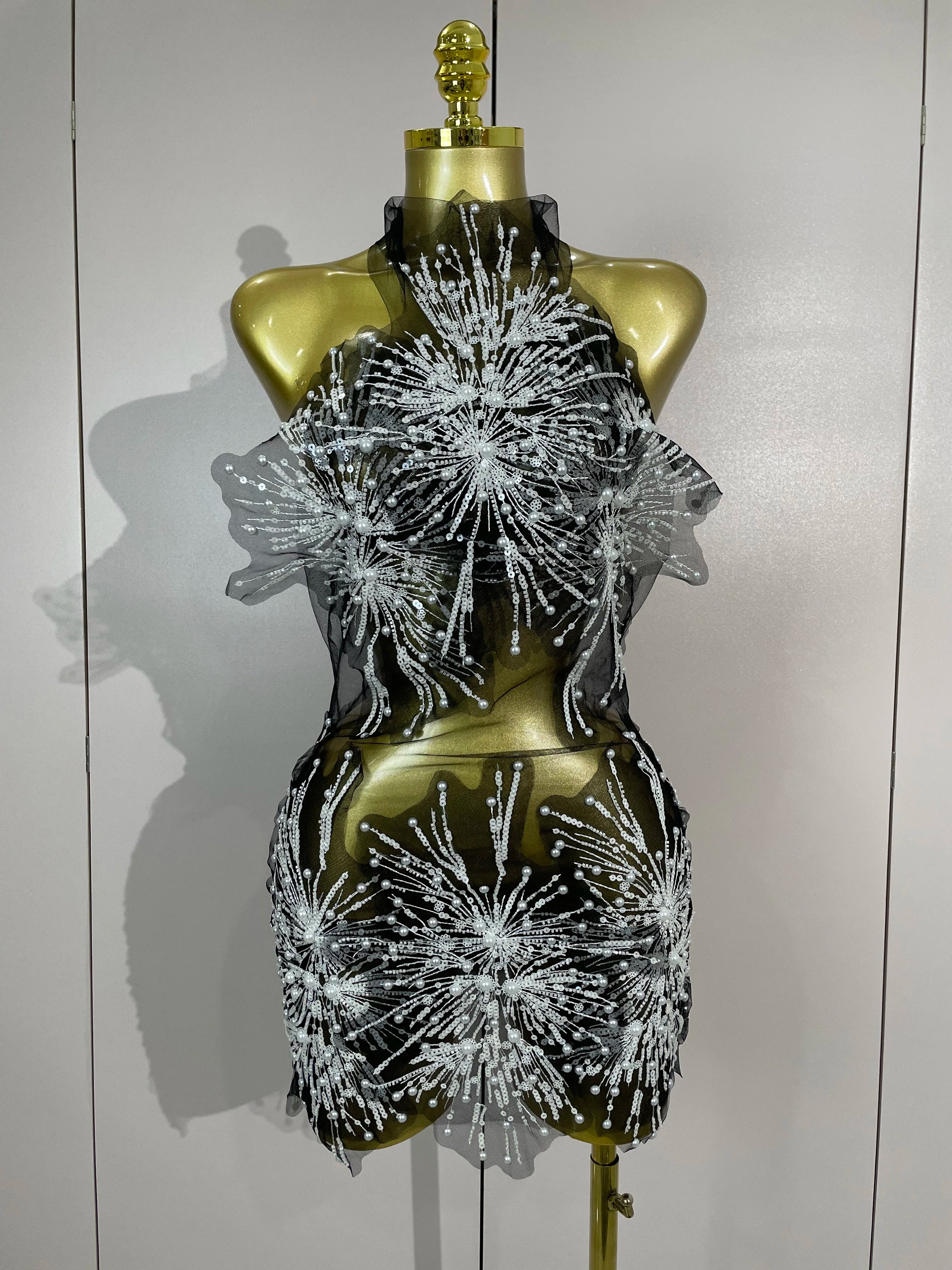 Zahara Pearl Appliqué Sheer Mesh Mini Dress