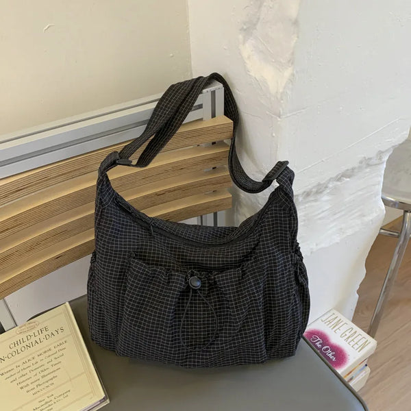 Korean Nylon Shoulder Bags Fashion Simple Plaid Zipper Tote Drawstring Pleated Cloud Bags New Commuter Crossbody Shoulder Bag