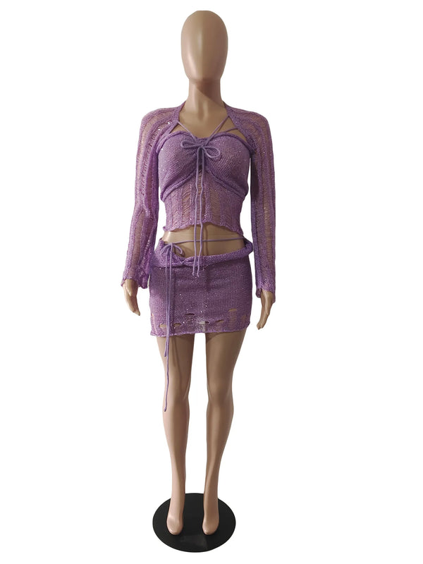 Marisela Sequin Crochet Knit Tie-Front Crop Top & Mini Skirt Two-piece