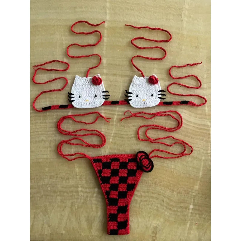 Cute Hello Kitty Ladys Sexy Swimsuit Crochet Bikinis Set Sanrio 2Pcs Womens Swimming Suit Micro Bikini Thongs Bathing Suit Beach