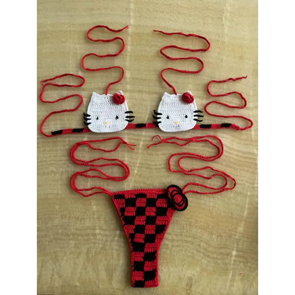 Cute Hello Kitty Ladys Sexy Swimsuit Crochet Bikinis Set Sanrio 2Pcs Womens Swimming Suit Micro Bikini Thongs Bathing Suit Beach