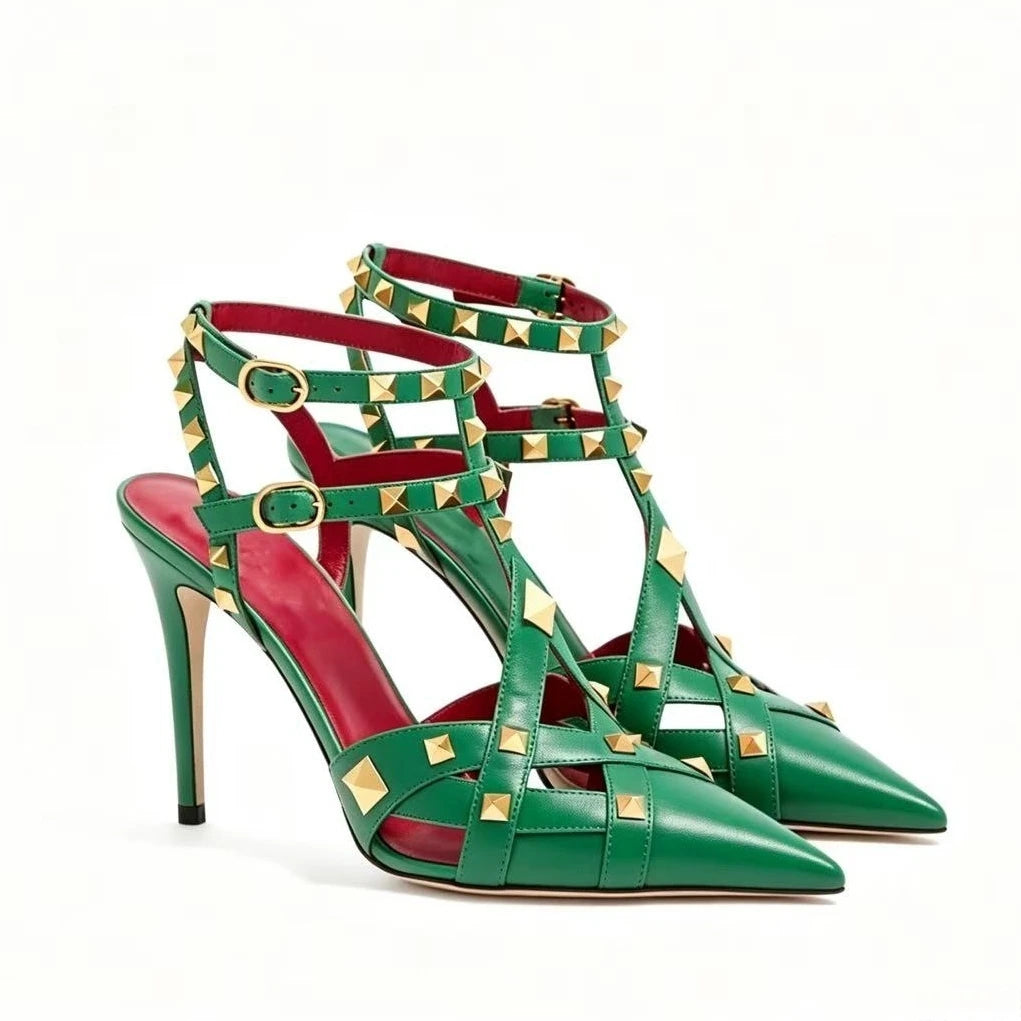 European and American Sexy Studded Pointed Fashion Stage Runway Shoes with French Style Toe Closure Buckle Strap Women's Sandals