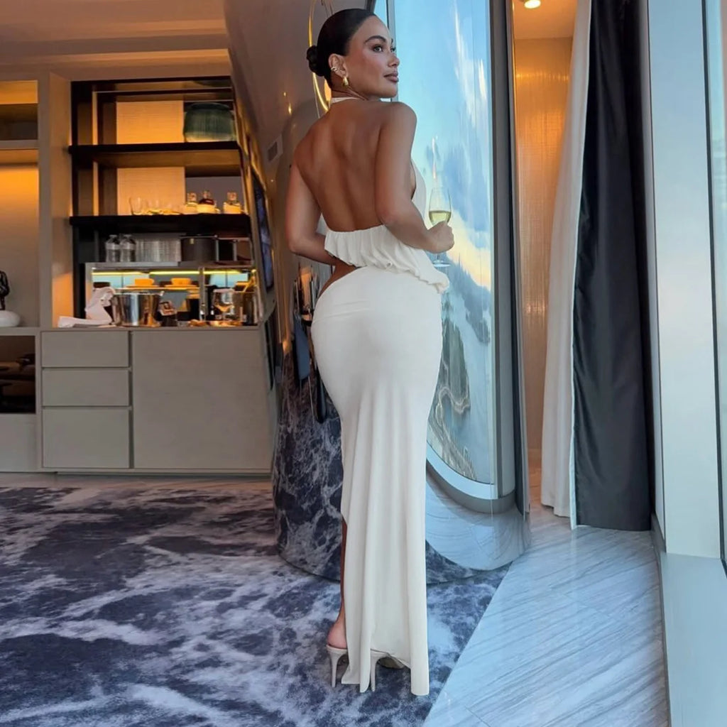 Ivory Ruched Halter High-Low Maxi Skirt Set Two-piece