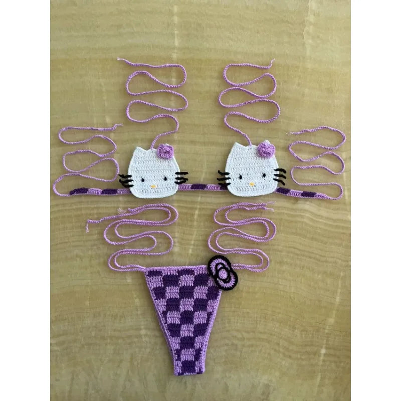 Cute Hello Kitty Ladys Sexy Swimsuit Crochet Bikinis Set Sanrio 2Pcs Womens Swimming Suit Micro Bikini Thongs Bathing Suit Beach