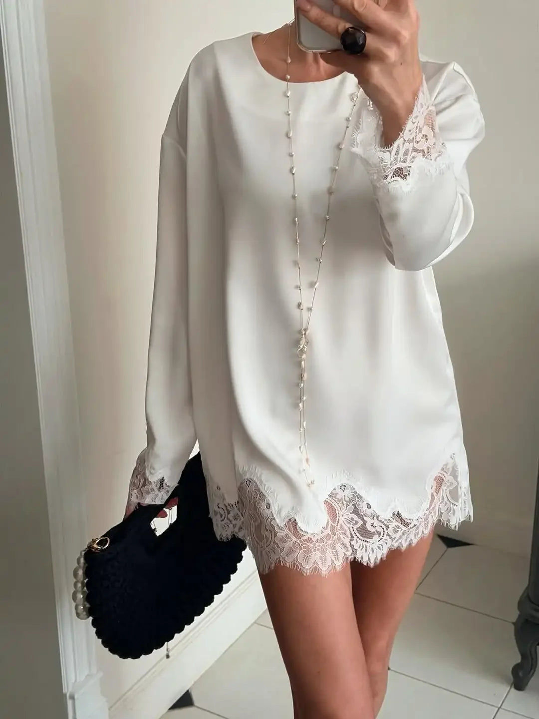 Amara Satin Lace Long-Sleeve Mini Dress