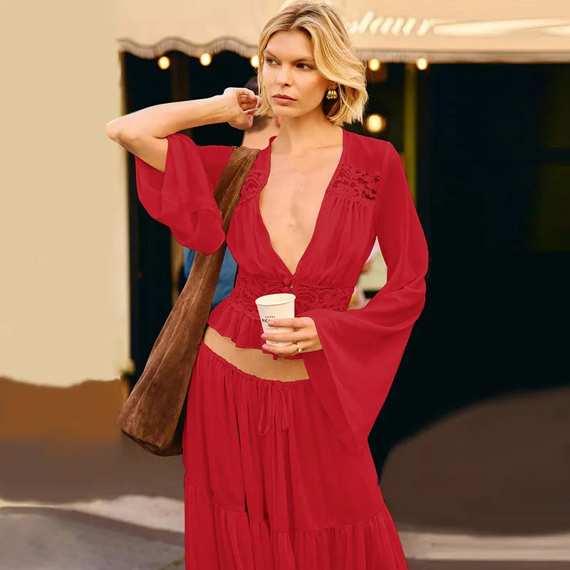 Aurelia Chiffon Lace Long-Sleeve Maxi Skirt Set Two-piece