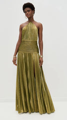 Alina Gold Pleated Halter Maxi Dress