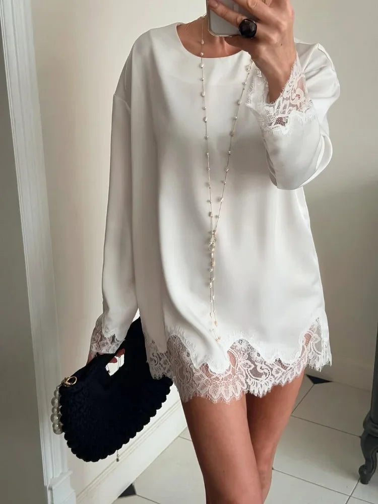 Amara Satin Lace Long-Sleeve Mini Dress