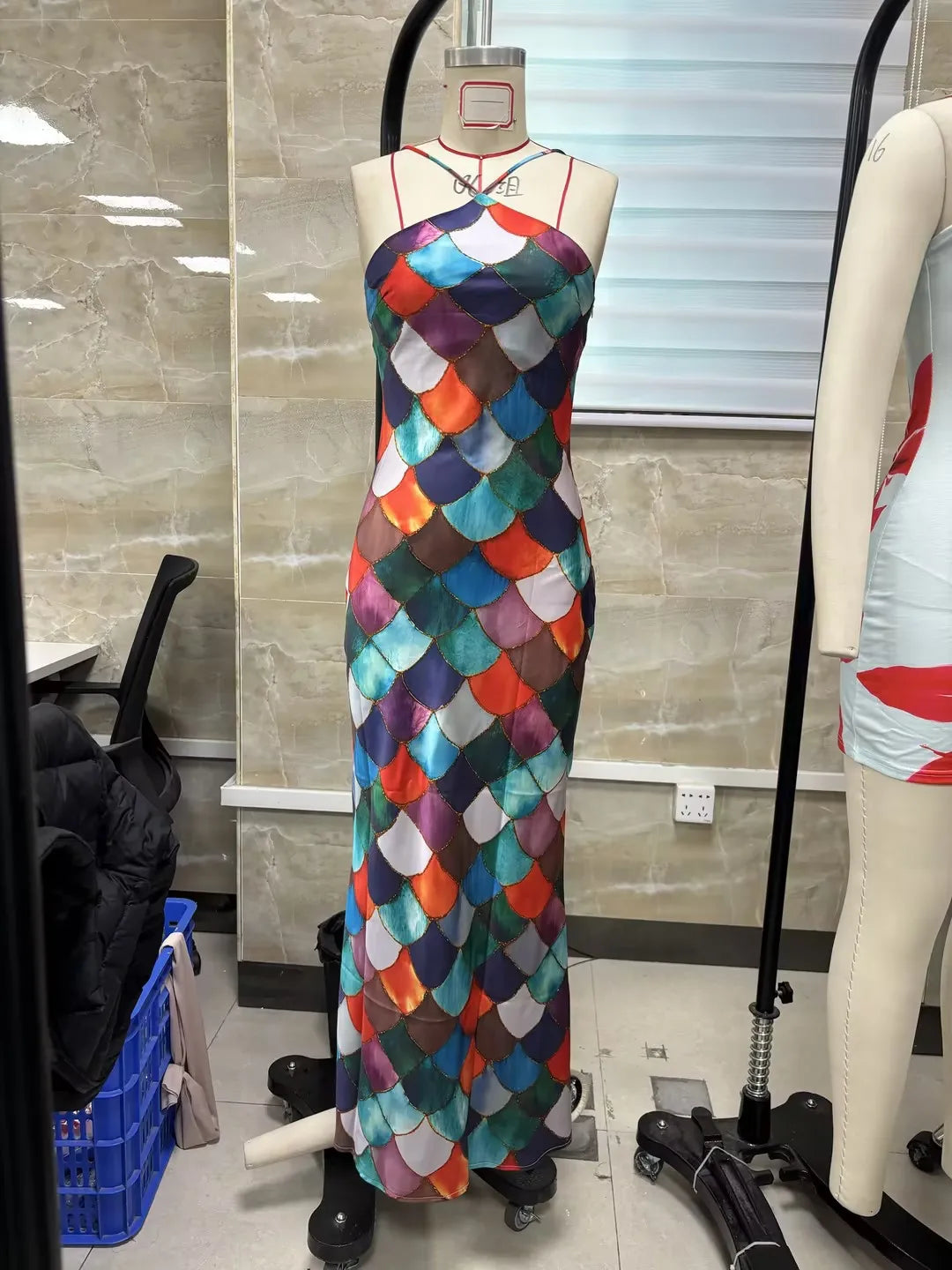 Gwenllian Harlequin Print Halter Slip Maxi Dress Secondary image