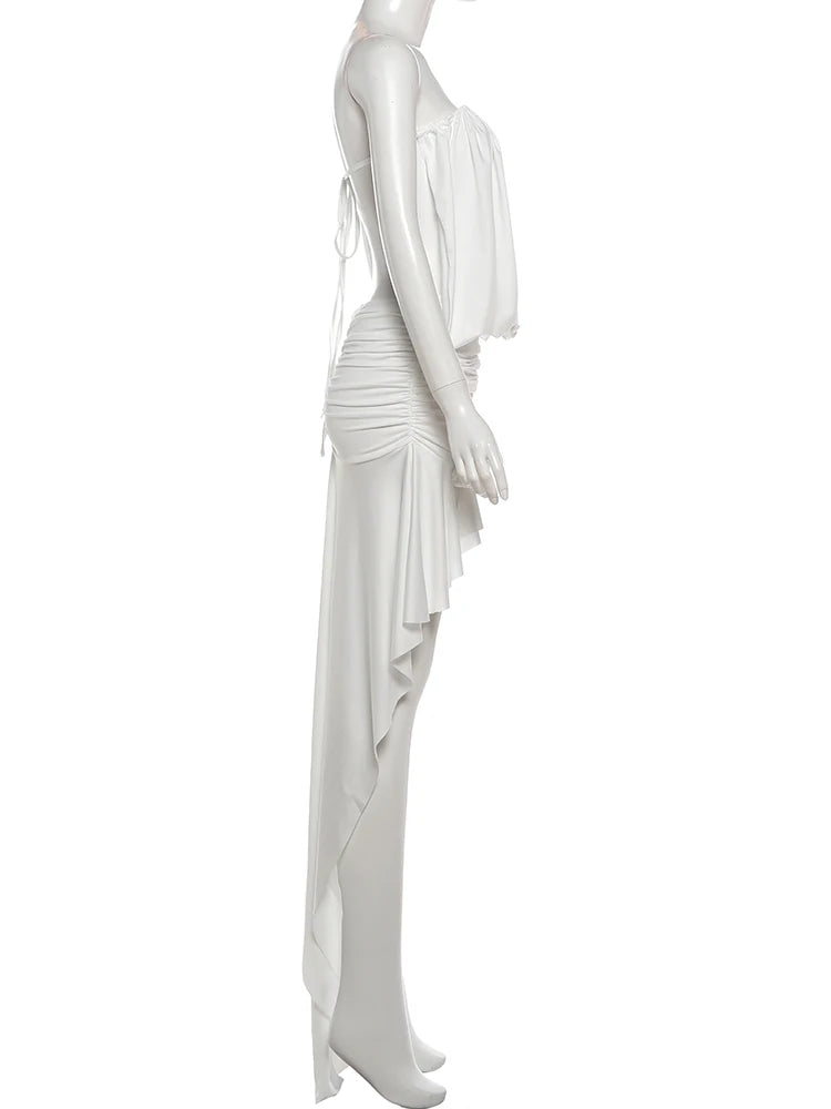 Kliou Sexy Strapless Long Dress Woman Wrap Chest Deep V-Neck Lace-Up Backless Irregular Ruffles Hem Vacation Fashion Vestidos