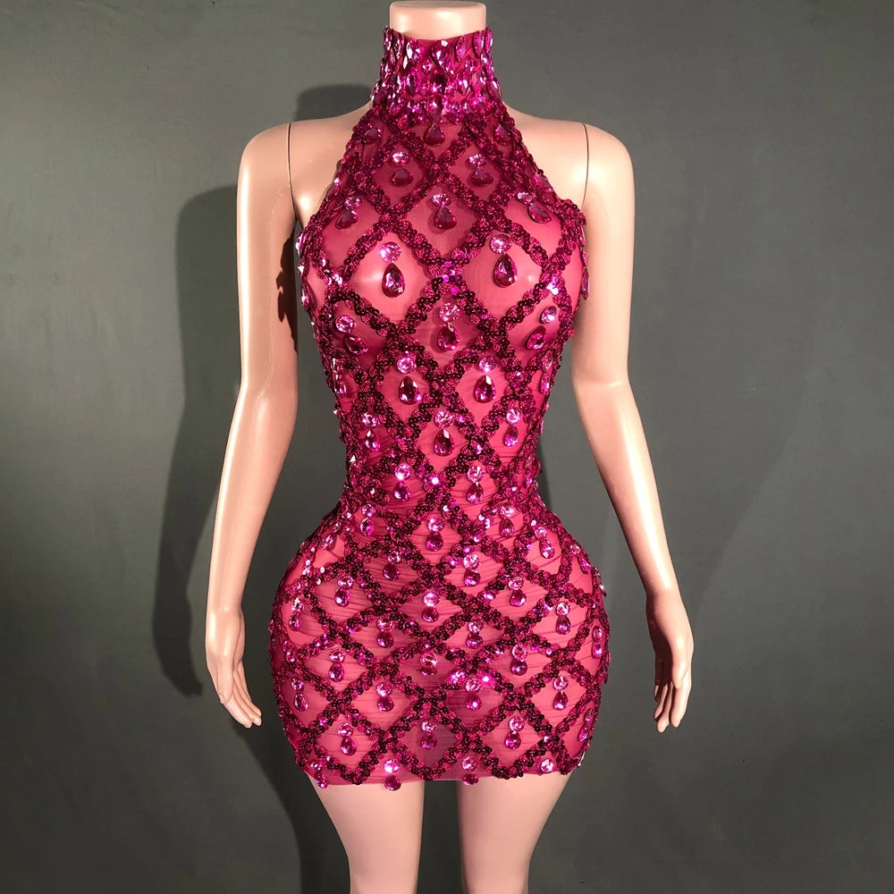 Elettra Rhinestone Sequin Lattice Sheer Mesh Mock-Neck Mini Dress