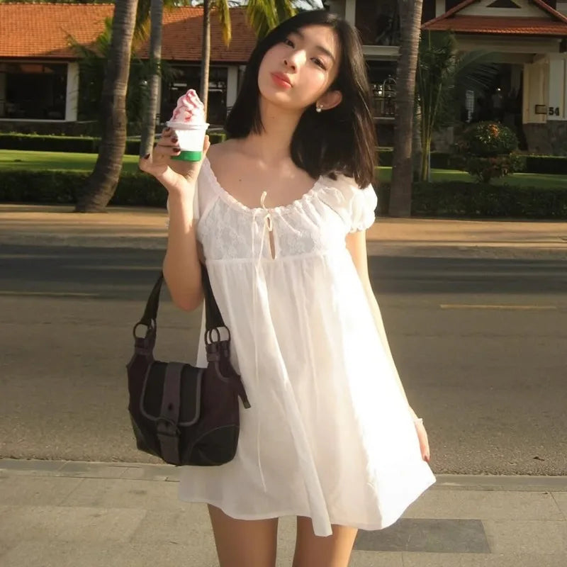 PixieKiki Women's Casual Loose Bubble Sleeves Mini Dress Mori Girl Cutecore White Summer Dresses P33-DD16