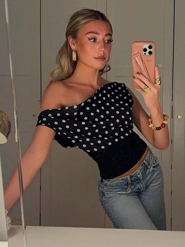 Sofia Midnight Polka One-Shoulder Top