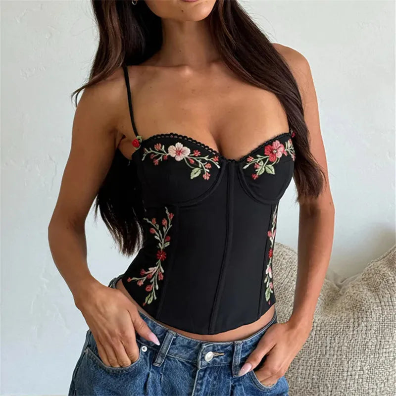 hirigin Floral Embroidered Corset Top Women Spaghetti Strap Scalloped Trim Bustier Crop Top Sexy Y2K Coquette Aesthetic Camisole
