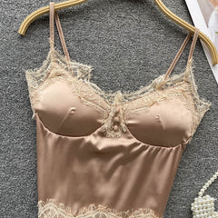 Women Satin Splicing Lace Camis Back Folds Tank Top Pink With Chest Pad Corset Backless Sleeveless Slim Bralette Sexy Crop Tops