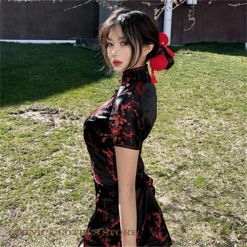 Xiu Jacquard Floral Qipao Mini Dress