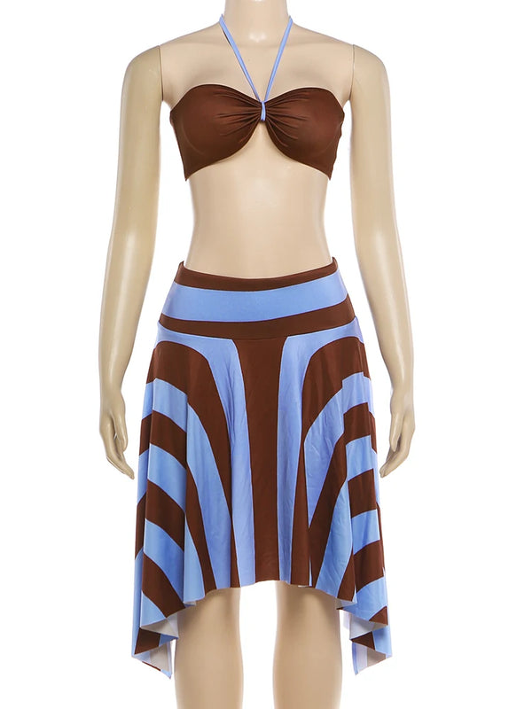 Kliou Beach Sexy Style 3 Piece Set Woman Halter Rope+Wrap Chest Tops+Stripe Patchwork Mid Skirts Summer Holiday Fashion Outfits