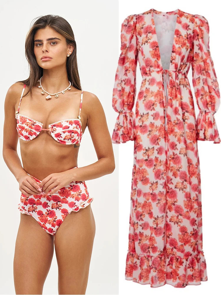 Marisa Red Floral String Bikini & Mesh Cover-Up Dress Collection
