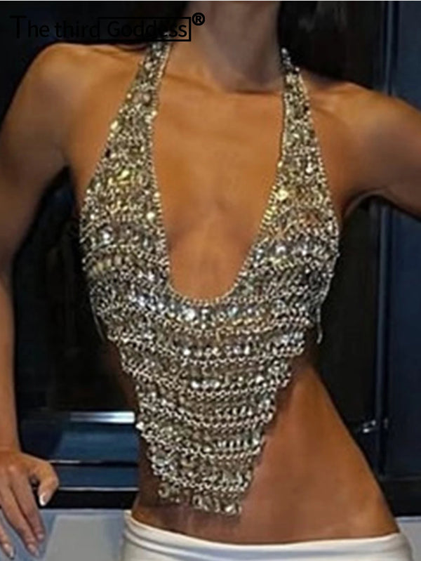 Lumiere Rhinestone Metal Halter Crop Top