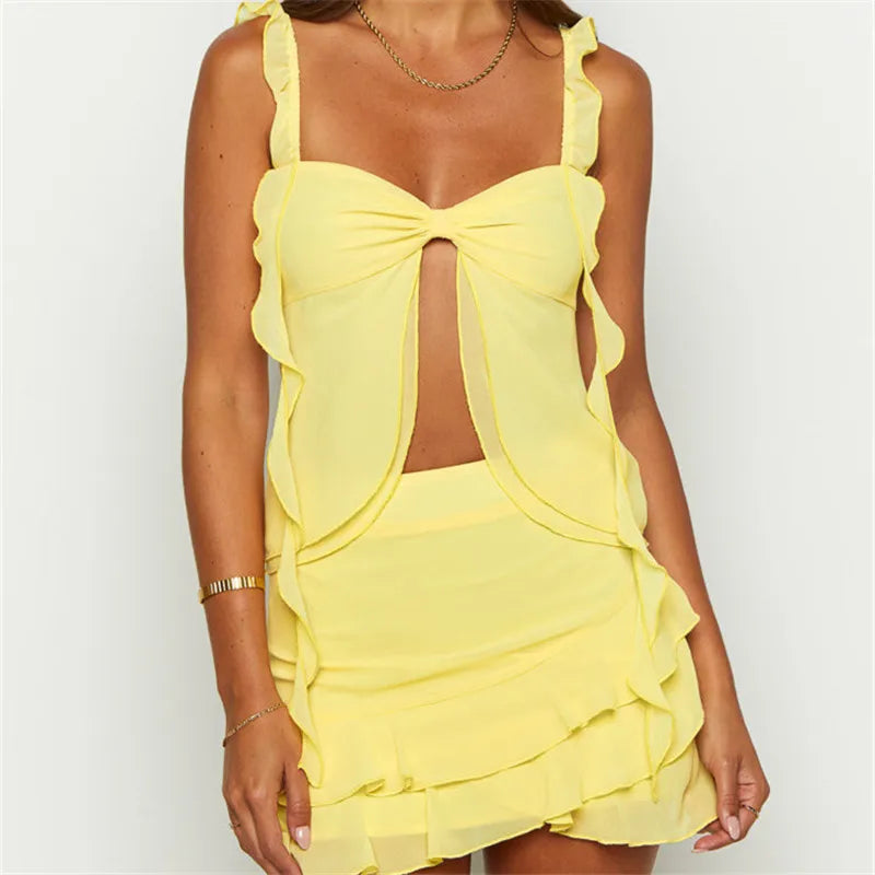Esmeray Sheer Mesh Crop Top & Tiered Mini Skirt Two-piece