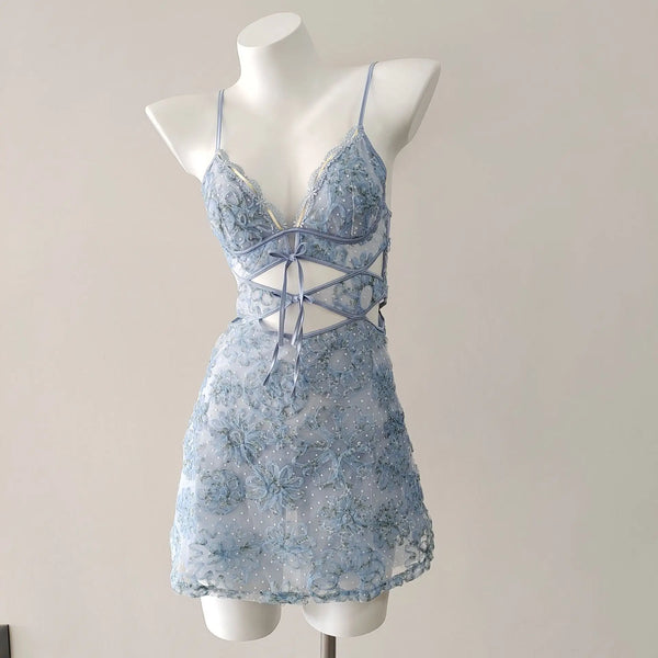 Ophira Lace-Trim Mesh Nightdress & Panty Lingerie Two-piece